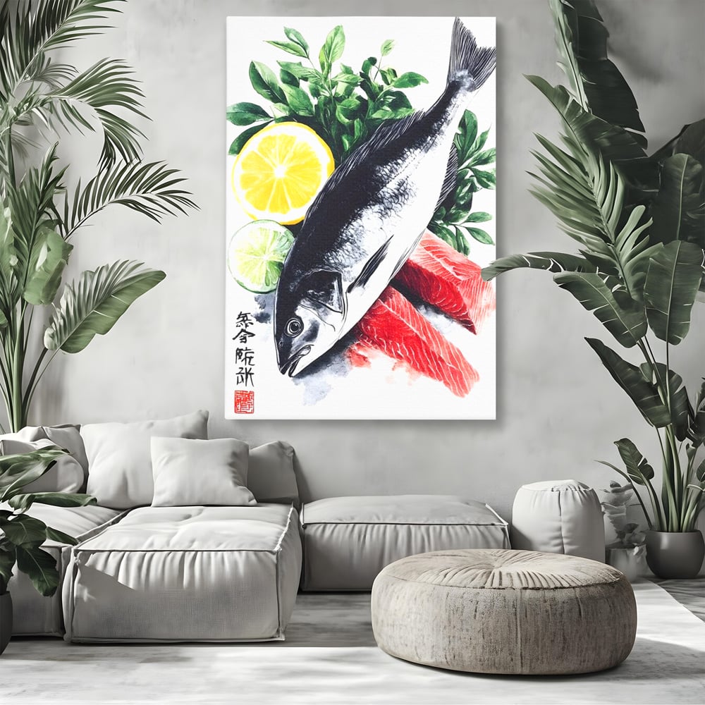 Tablou canvas cu ilustratie cu peste intreg si fileuri, fara rama, pe sasiu de lemn, pe perete intr-un living